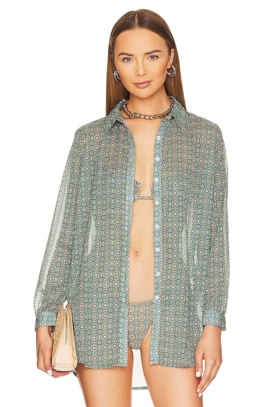 Lovers & Friends Marina Del Rey Shirt Green Spanish Tile - S